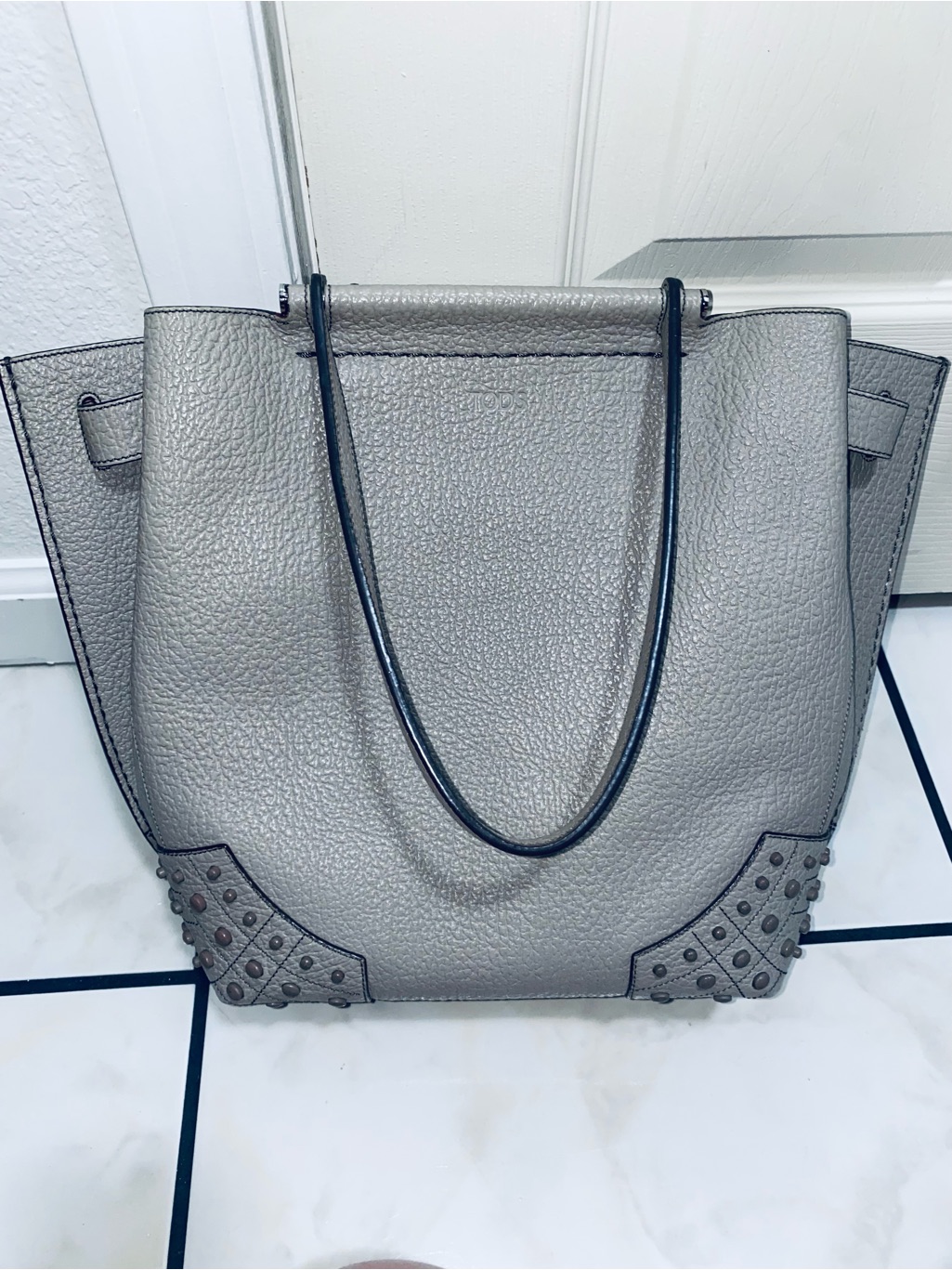 Tod's Gray Pebbled Leather Studded Tote